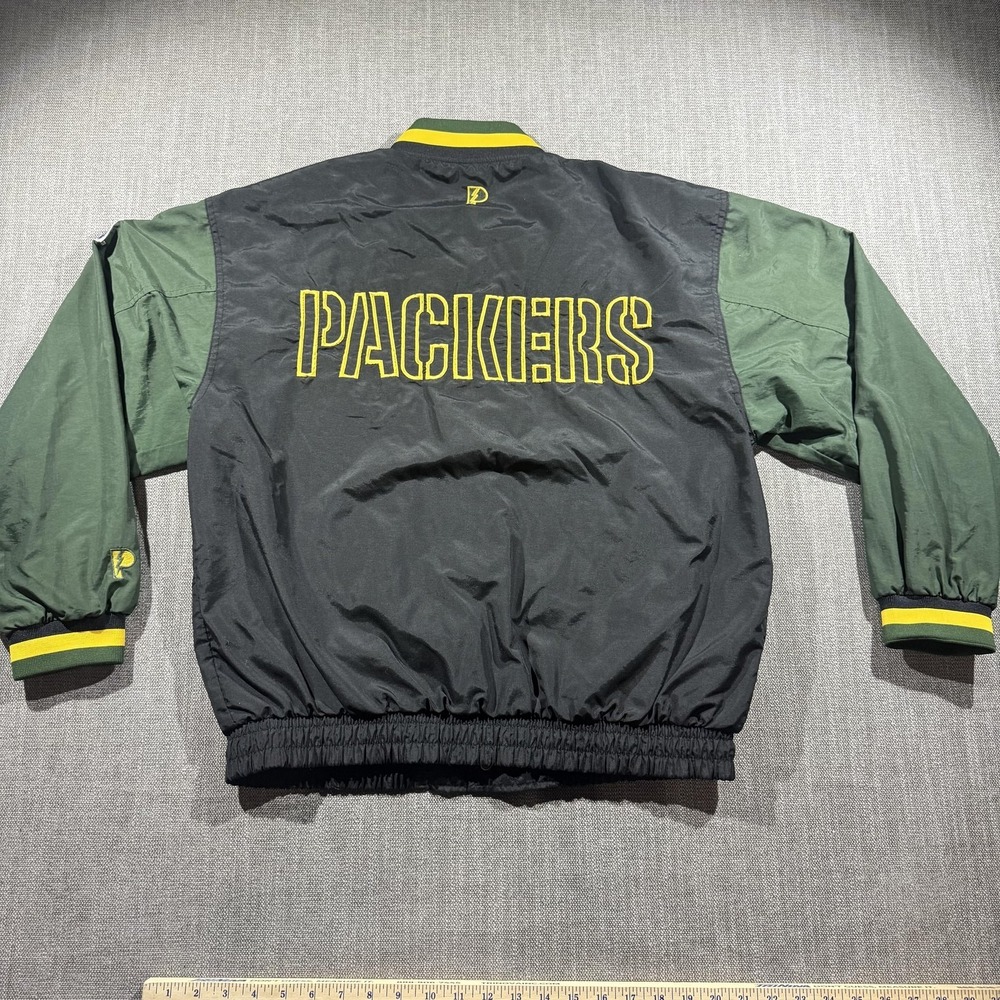 Vintage Green Bay Packers Jacket Mens Medium Black NFL Pro Layer 90s Spellout